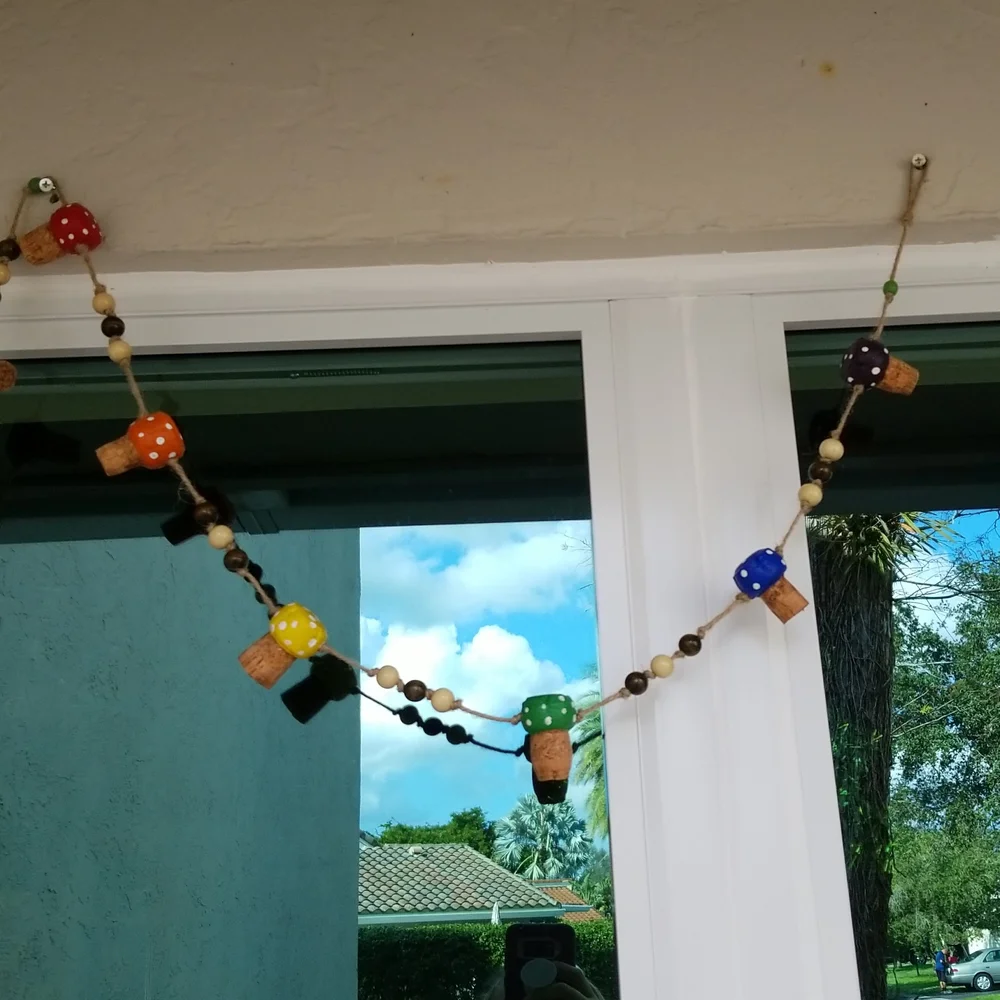 Hand Crafted Rainbow Toadstools Champagne Corks Rustic Garland